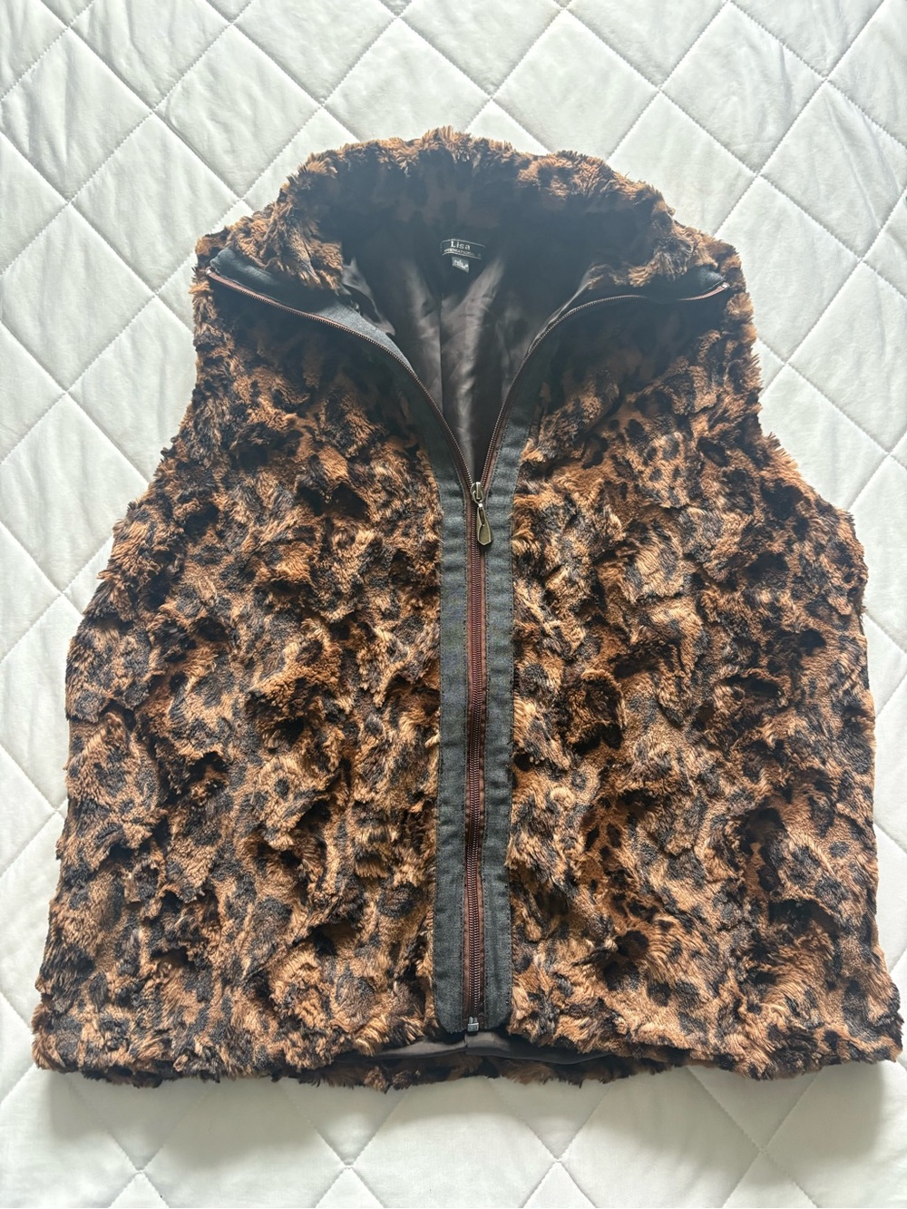 Lisa International Leopard Print Faux Fur Zip Up Vest